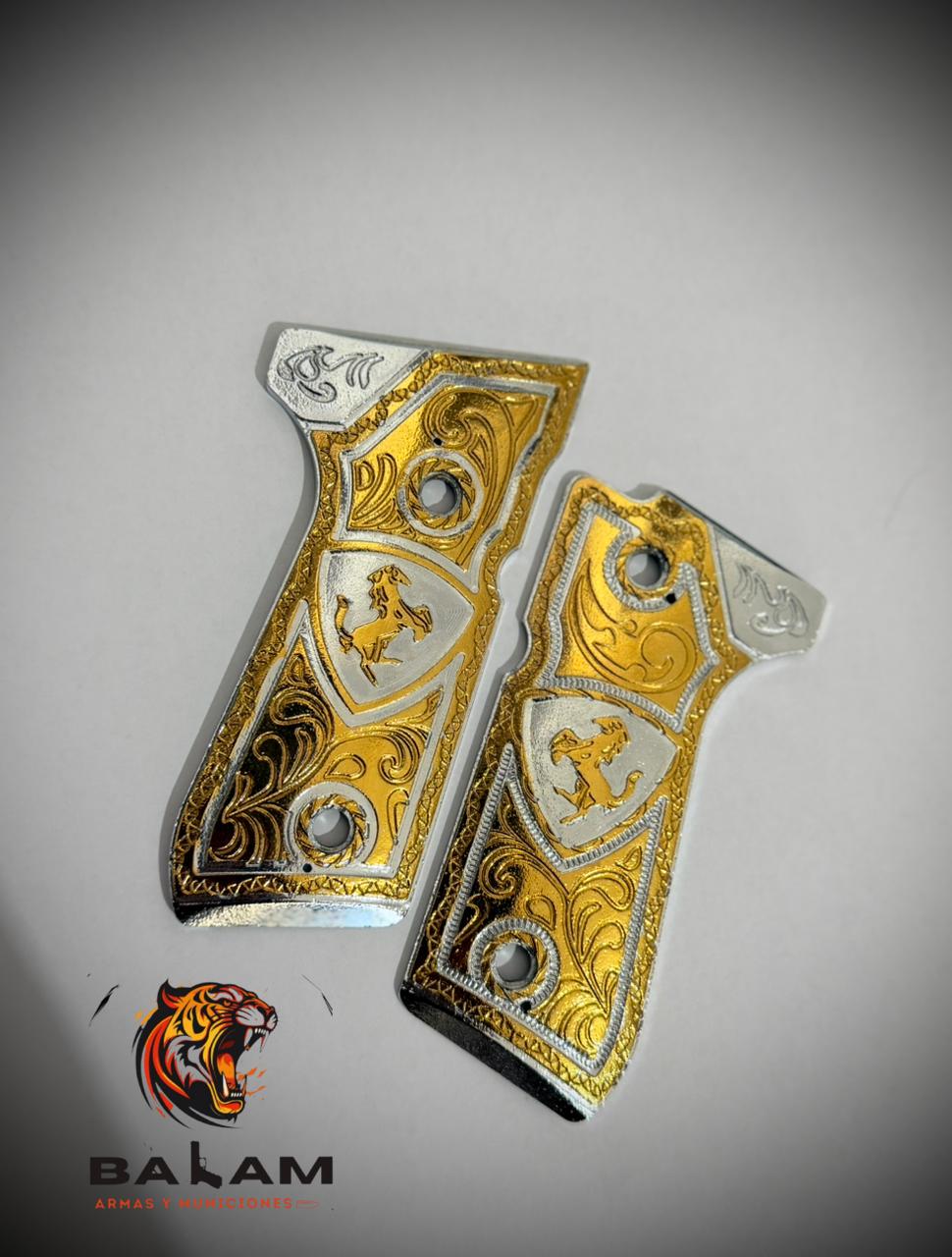 CACHAS BERETTA DORADAS PLATEADAS DISEÑO CABALLO